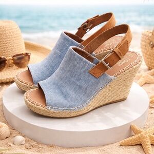 New TOMS 7.5 Suede Monica wedges denim espadrilles peep toe summer heels
